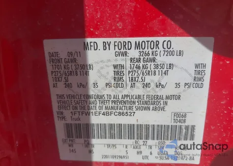 2011 Ford F-150 Xlt from USA, damaged, VIN 1FTFW1EF4BFC86527